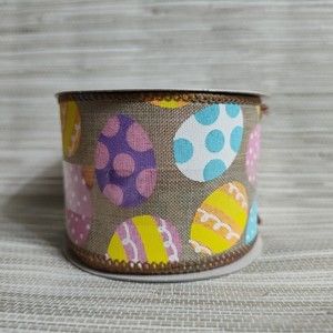 Wired Ribbon 2.5" x 20' Colorful Easter Eggs on Tan Bows Gifts Wreaths Crafts